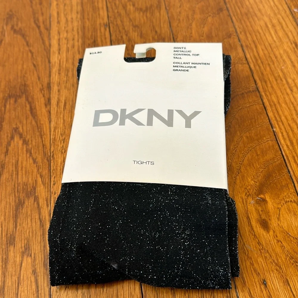 DKNY Metallic Control Top Tights. Black. Size Tall. NWT